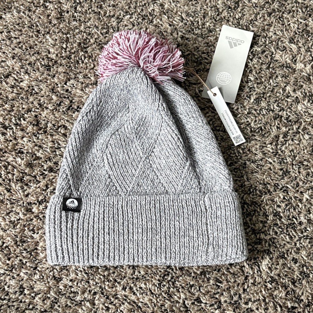 Adidas Kids Gray and Pink Pom Beanie